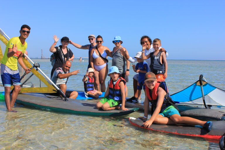 Windsurfing group with boards and sails in Hurghada Red Sea Egypt