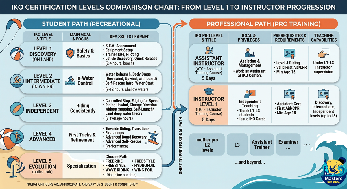 IKO certification levels comparison chart showing progression from Level 1 to Instructor