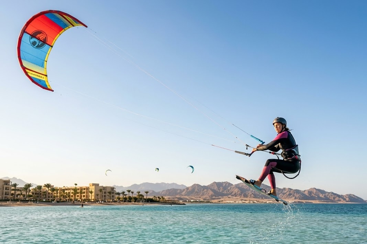 Kitesurfer jumping over flat water lagoon in Hurghada Red Sea