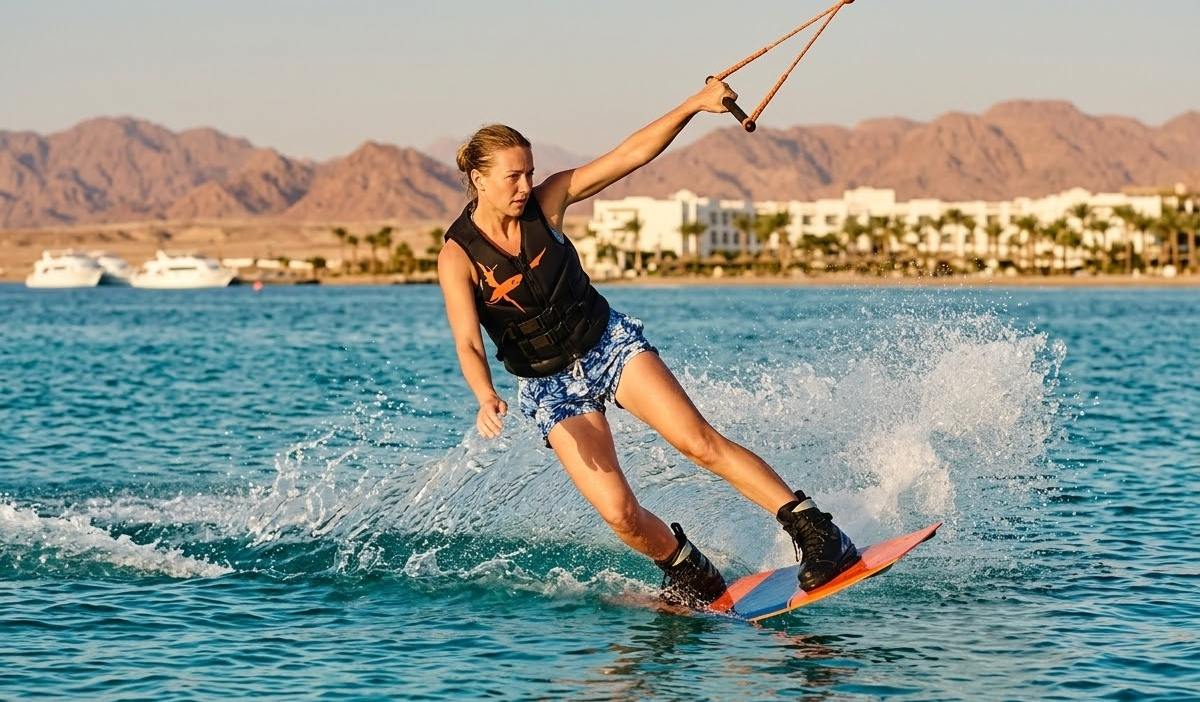 Estudiante practicando kitesurf en Hurghada con Masters Surf School en la laguna poco profunda.