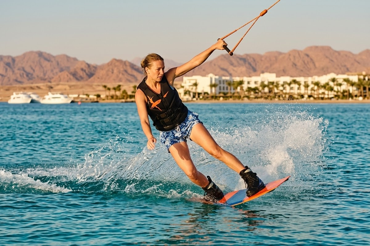 Student practicing kitesurfing in Hurghada with Masters Surf School in the shallow lagoon.