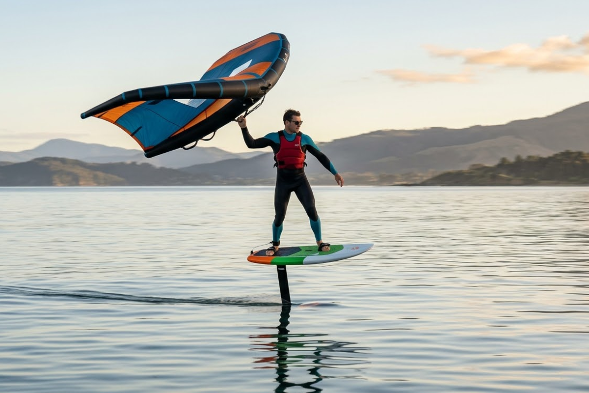 Wing foiler flying silently above flat water on hydrofoil