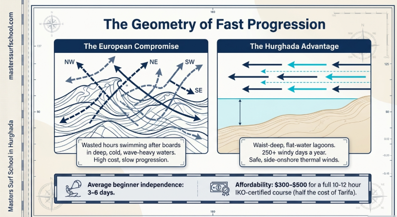 Infografía comparando kitesurf en Hurghada (lagunas planas, poco profundas, 250+ días de viento) vs Europa (corte, frío, caro). Muestra una progresión más rápida para principiantes (3 a 6 días) y asequibilidad (0 a 0 para el curso IKO): perfecto para planificar un viaje al Mar Rojo en 2026.