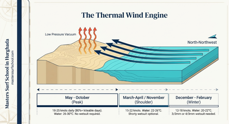 Diagrama que muestra cómo los vientos térmicos alimentan el kitesurf en Hurghada — temporada alta de mayo a octubre (18 a 25 nudos, agua tibia), hombro mar-abr/nov (15-22 nudos), invierno de diciembre a febrero (12-18 nudos). Ideal para planificar un viaje al mar rojo 2026 con Masters Surf School.