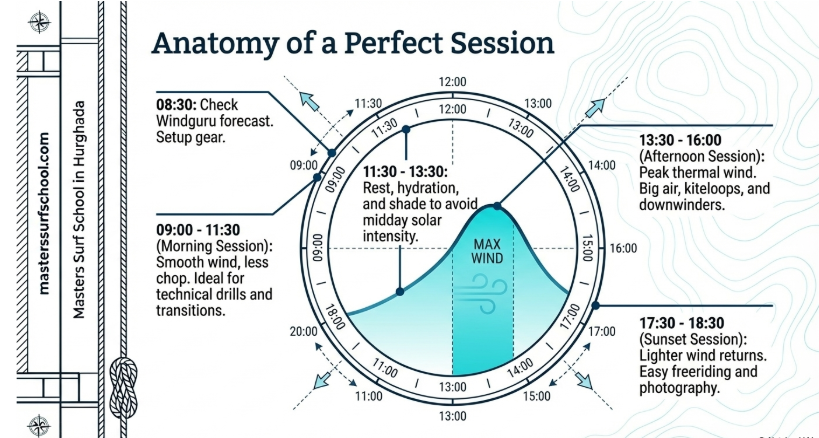 Horario diario de kitesurf en Hurghada: ejercicios matutinos (9-11:30), descanso al mediodía, sesión de viento térmico pico (13:30 a 16:00) para Big Air & Loops, Sunset Freeride (17:30–18:30). Maximice su viaje al Mar Rojo 2026 con la progresión cronometrada de Masters Surf School.