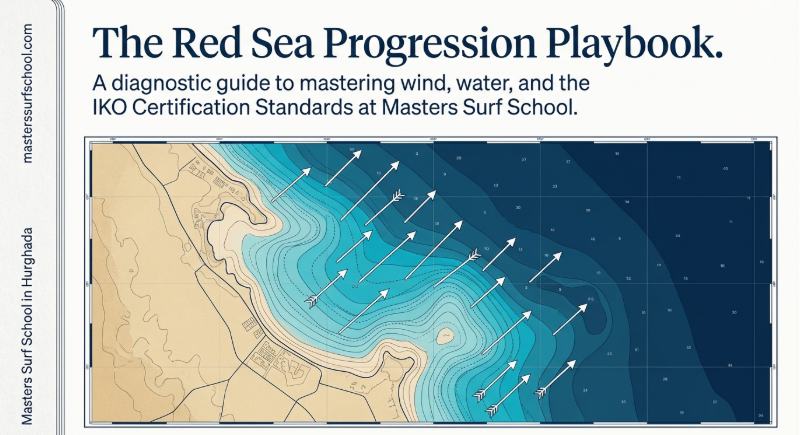 Mapa de diagnóstico de viento y agua para kitesurf en Hurghada, que muestra las zonas de progresión certificadas por IKO en la Escuela de Surf Masters, ideal para principiantes y pasajeros avanzados que planean un viaje al Mar Rojo 2026.
