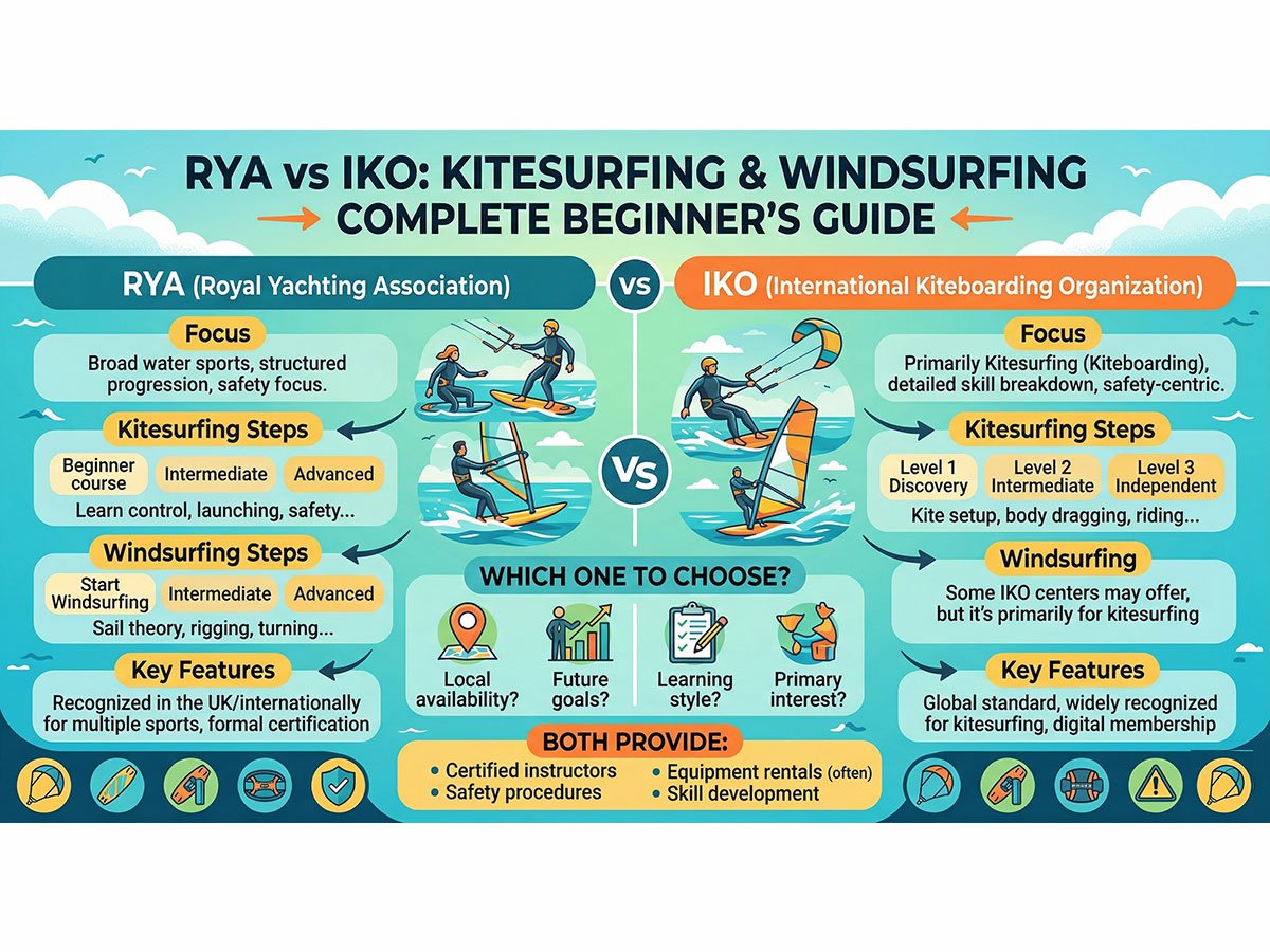 Una infografía que compara la Royal Yachting Association (RYA) y la Organización Internacional de Kitesurfing (IKO) en una "Guía completa para principiantes" para kitesurf y windsurf. El gráfico compara el enfoque, los pasos de kitesurf, los programas de windsurf y las características clave de ambas organizaciones, junto con una sección de "¿cuál elegir?" y un resumen de servicios compartidos como instructores certificados y procedimientos de seguridad.