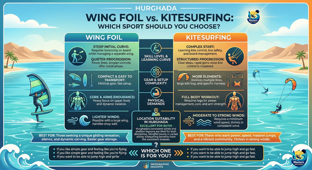 Une infographie intitulée "Hurghada Wing Foil vs Kitesurfing : quel sport choisir ?" Comparaison des deux sports nautiques.