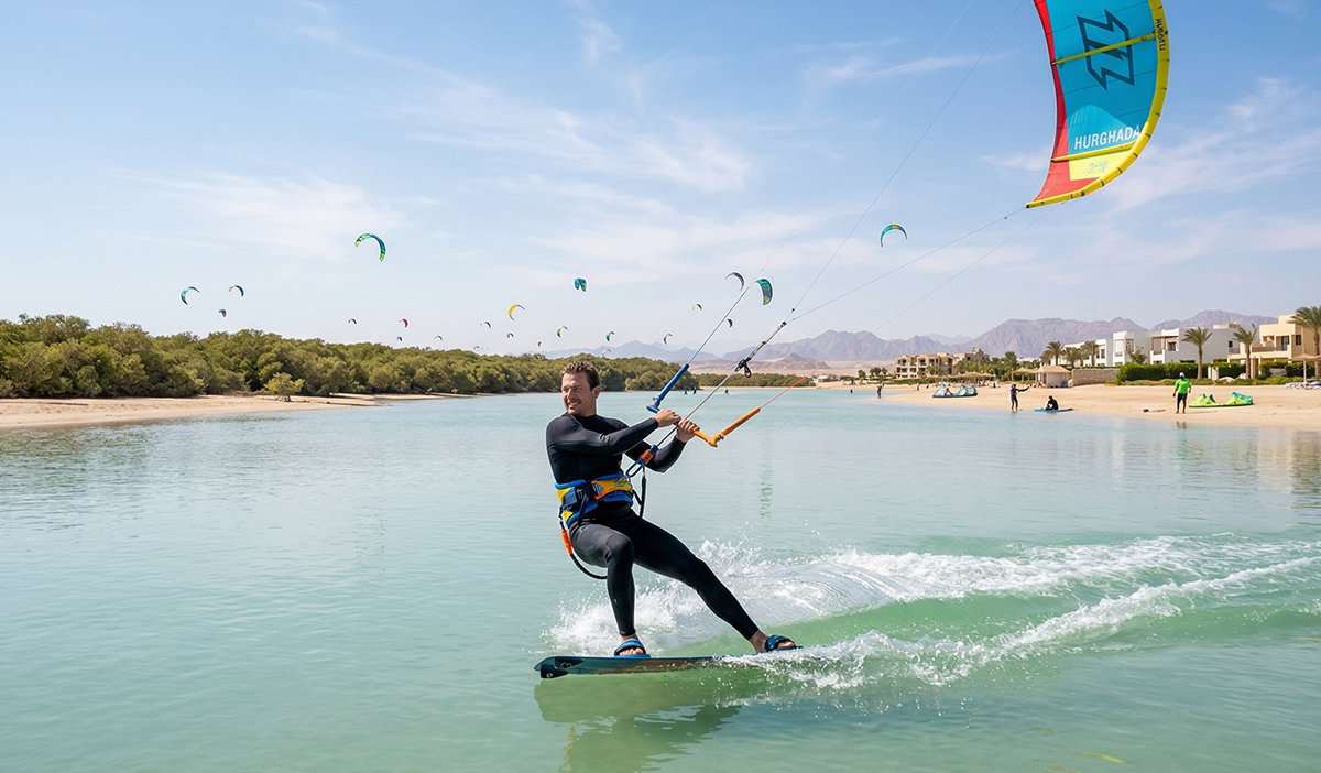 kitesurfer riding in flat water lagoon at Mangroovy Beach Hurghada