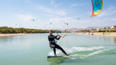 kitesurfer riding in flat water lagoon at Mangroovy Beach Hurghada