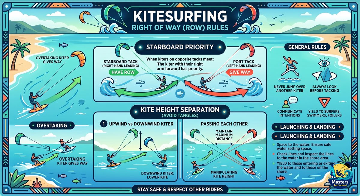 Kitesurfing right of way rules illustration showing starboard priority and kite height separation
