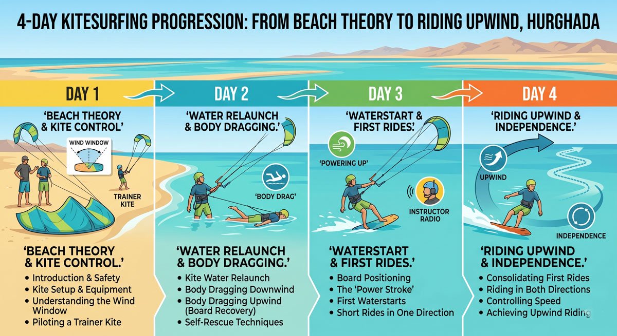 Gráfico de línea de tiempo que muestra la progresión de 4 días de un curso de kitesurf Hurghada de la teoría de la playa a la conducción contra el viento