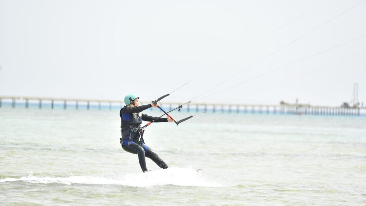 kitesurfer riding in shallow flat lagoon hurghada safety