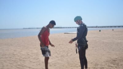 Kitesurfing in Hurghada's shallow lagoon during August peak wind season